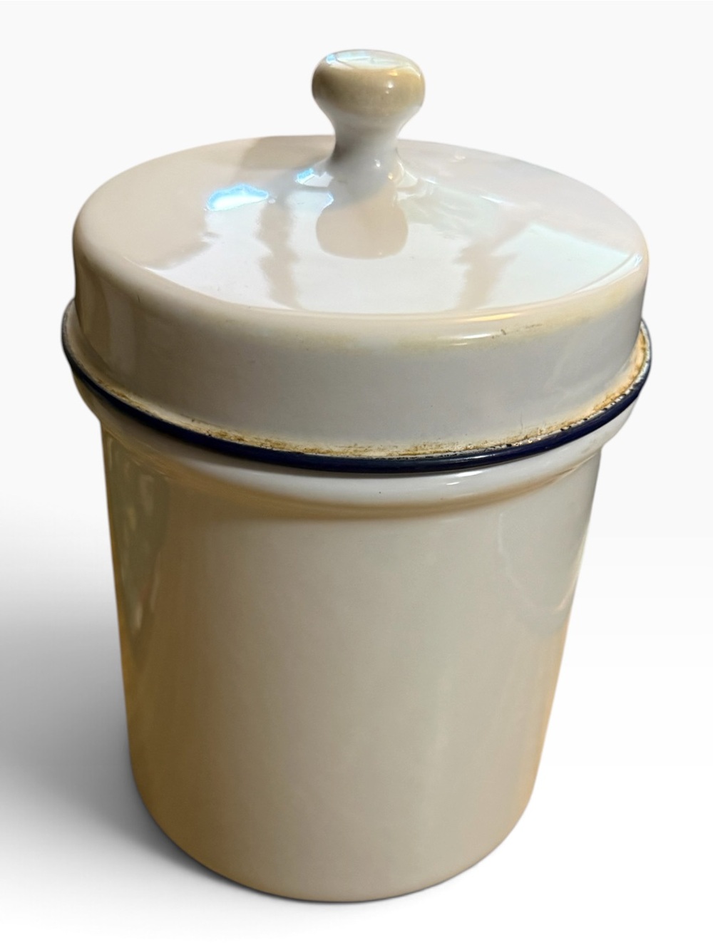 Vintage White Enamelware Canister with Blue Trim & Lid